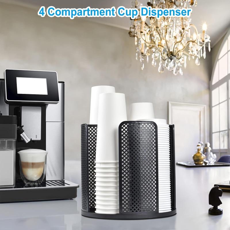 Multifunctional Cup Holder, 4 Compartment Cup Dispenser, Space Saving Cup Storage Rack, Cup Organizer Suitable for Stacking 10oz, 12oz, 16oz Cups & Lids