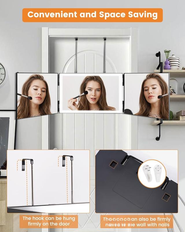 3 Way Mirror with 3 Colors Light, Rechargeable Self Cut Mirror Trifold Mirrors, Adjustable Barber Mirror Telescoping Hooks for Self Hair Cutting, 360 Mirror for Men Shaving Women Dyeing Hair Braiding