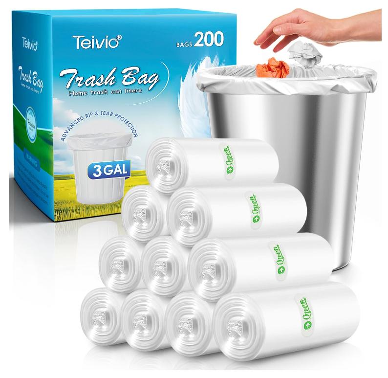 Teivio 3 Gallon 200 Counts Strong Trash Bags Garbage Bags, Bathroom Trash Can Bin Liners, Small Plastic Bags for Home Office Kitchen Kitchen (Clear)