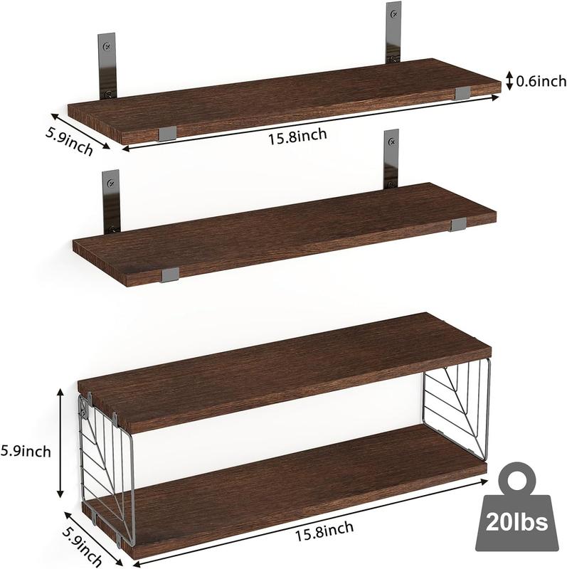 Fixwal 3+1 Tier Bathroom Floating Shelves Over Toilet, 15.8in Farmhouse Rustic Wood Shelves,Wall Decor for Bathroom,Racks Shelf Organiser Installation