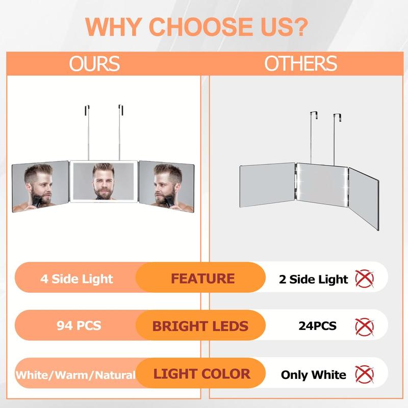 3 Way Mirror with 3 Colors Light, Rechargeable Self Cut Mirror Trifold Mirrors, Adjustable Barber Mirror Telescoping Hooks for Self Hair Cutting, 360 Mirror for Men Shaving Women Dyeing Hair Braiding