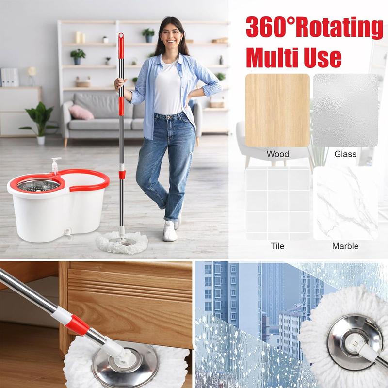 Spin Mop and Bucket with Wringer Set, Spin Mop Bucket System with 6 Microfiber Mop Replacement Heads and Floor Brush for Floor Cleaning