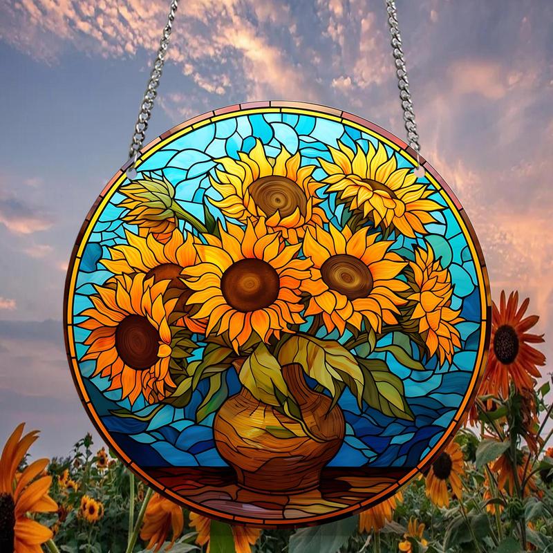 Sunflower Pattern Hanging Decoration, Round Acrylic Pendant, Hanging Decor for Home Living Room Bedroom