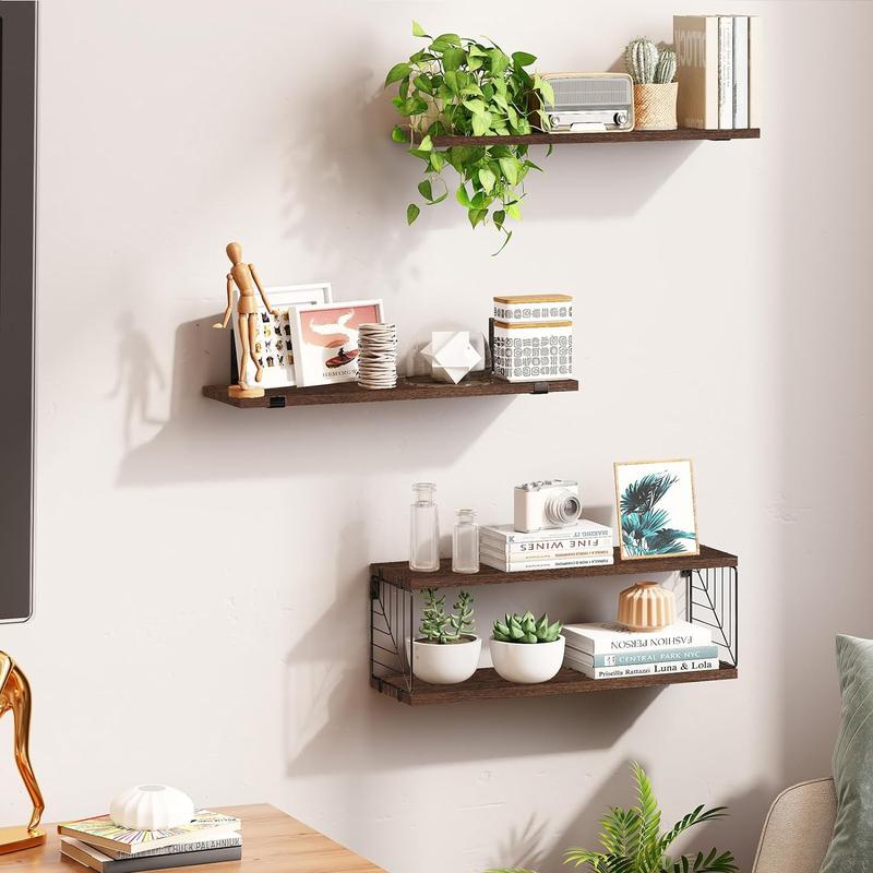 Fixwal 3+1 Tier Bathroom Floating Shelves Over Toilet, 15.8in Farmhouse Rustic Wood Shelves,Wall Decor for Bathroom,Racks Shelf Organiser Installation