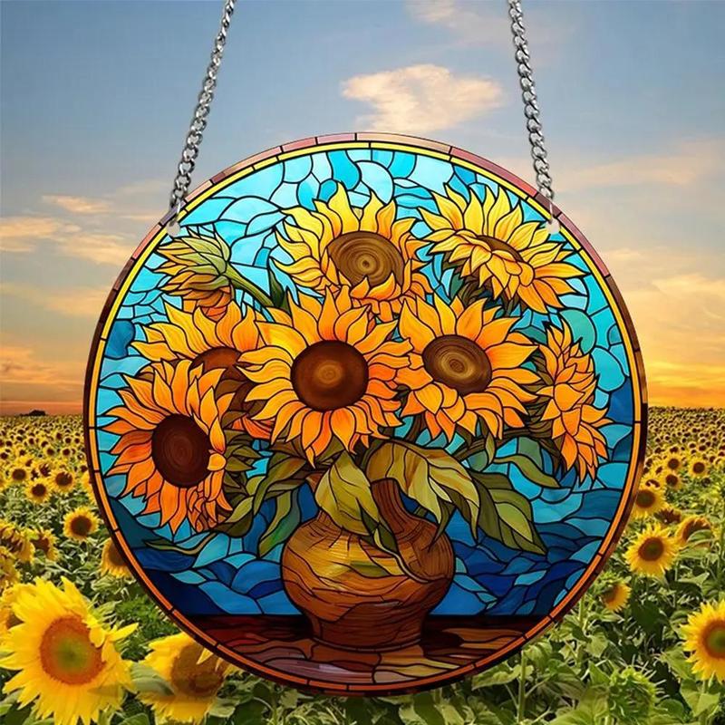 Sunflower Pattern Hanging Decoration, Round Acrylic Pendant, Hanging Decor for Home Living Room Bedroom