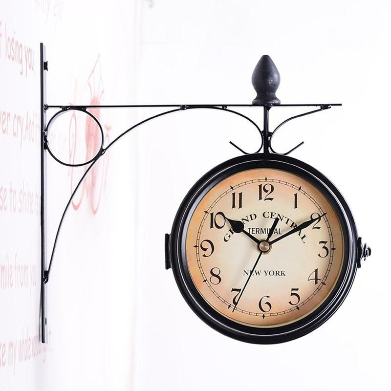 Vintage Wall Hanging Clock without Battery, Creative Double Sided Iron Wall Clock, Wall Clock for Home Living Room Decor