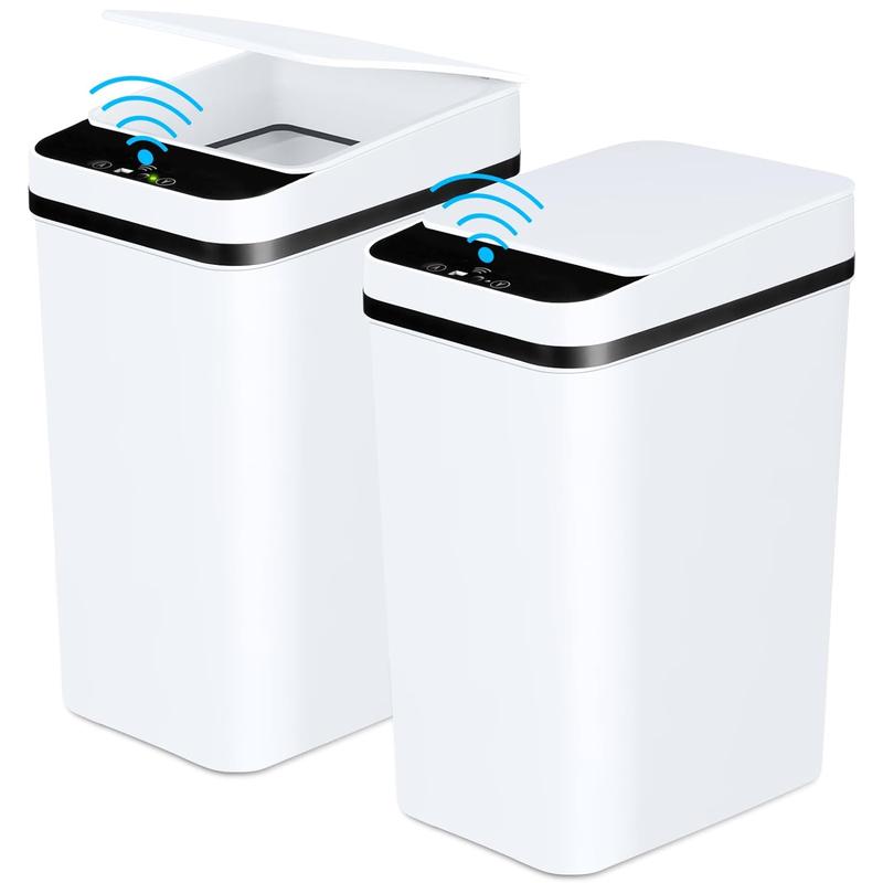 1   2 Pack 2.2 Gallon Bathroom Trash Cans with Lid, Touchless Automatic Motion Sensor Small Slim Garbage Can, Smart Electric Narrow Garbage Bin for Bedroom Office Kitchen (White)