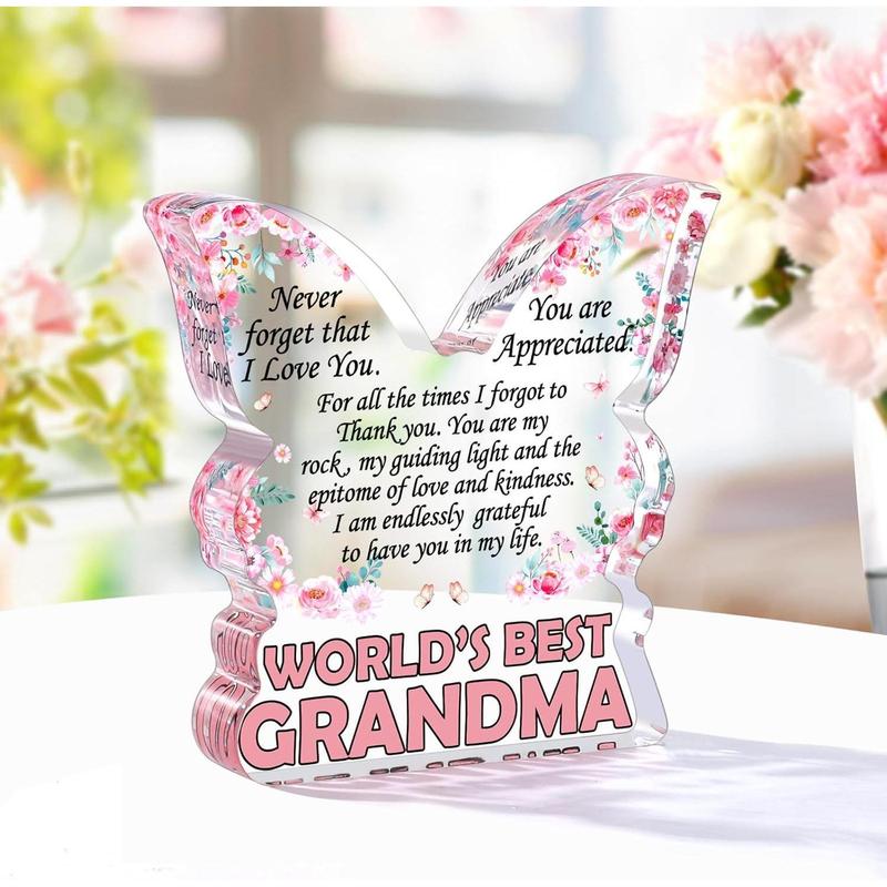 Grandma Gifts from Granddaughter, Christmas Gifts for Grandma, Grandmother Birthday Ideas Gift from Grandson Unique Mother's Day Gifts World's Best Grandma Ever Gifts Butterfly Shaped Acrylic Plaque