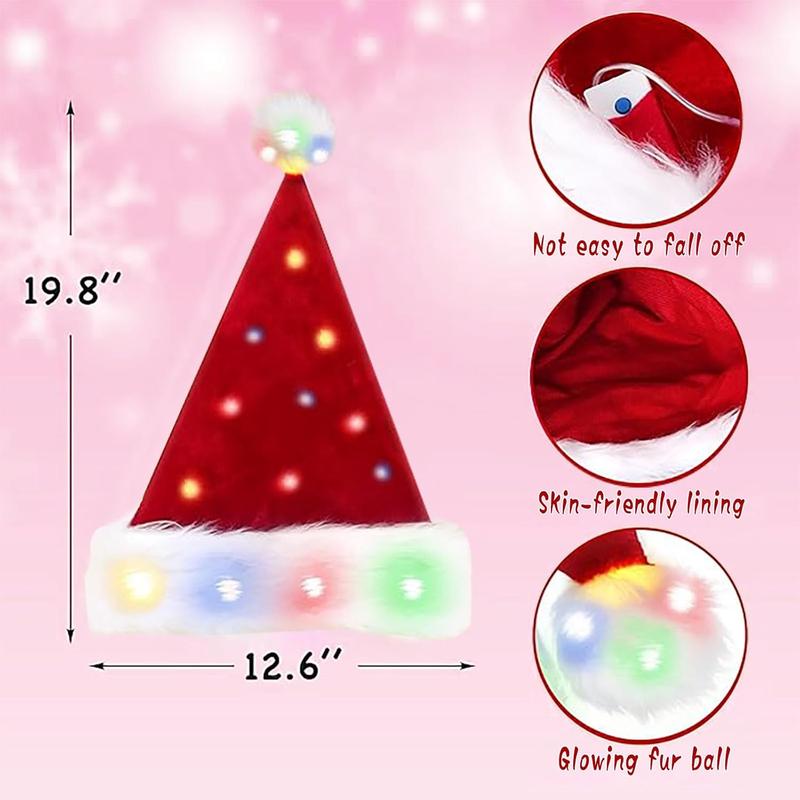 Christmas Hat for Adults, Santa Hat Holiday Color Light Up Unisex Velvet Comfort Extra Thicken Xmas Hat for New Year Festive Party Supplies