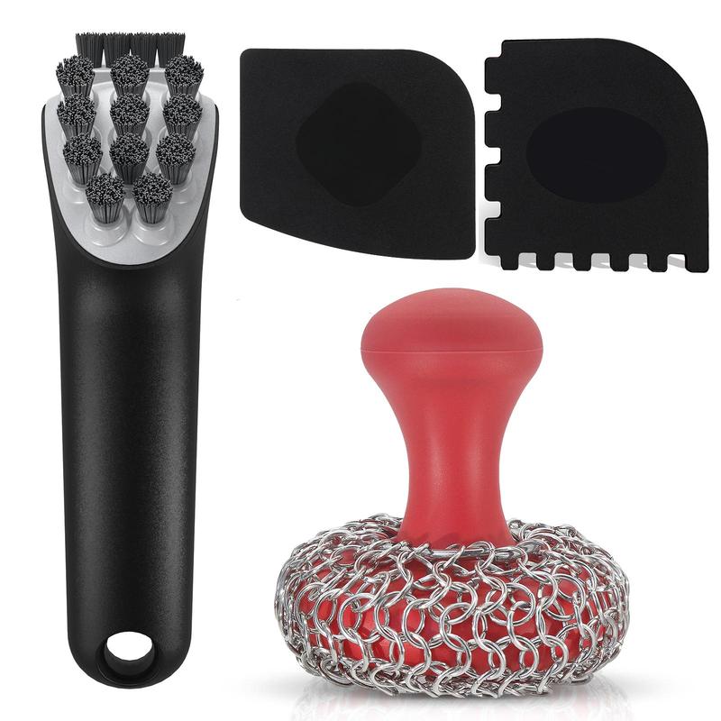 Cast Iron Scrubber with Cleaning Brush Set, Chainmail Scrubber for Cast Iron Pan Skillet Cleaner, Dish Scouring Pad, Dishwasher Safe Cleaning Kit