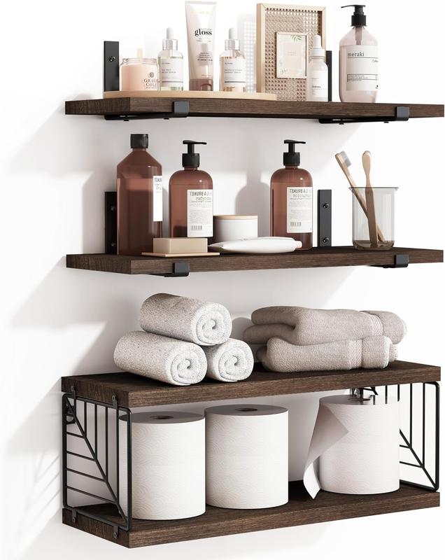 Fixwal 3+1 Tier Bathroom Floating Shelves Over Toilet, 15.8in Farmhouse Rustic Wood Shelves,Wall Decor for Bathroom,Racks Shelf Organiser Installation