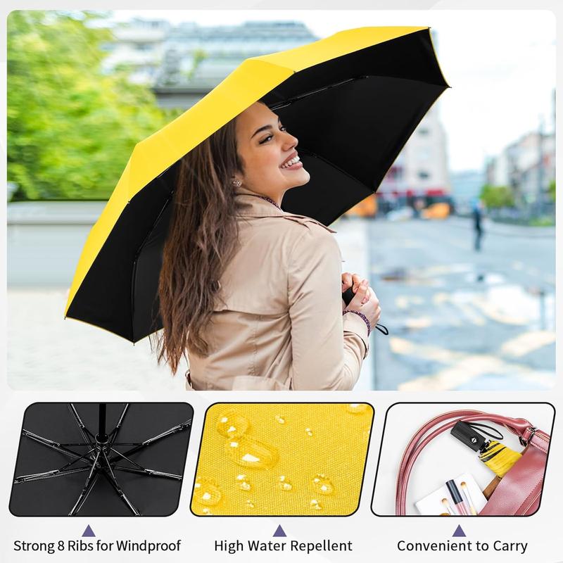 Automatic Windproof Travel Umbrella Black Portable Lightweight Small Folding UV Protection for Rain & Sun Walking Backpack Waterproof Cover