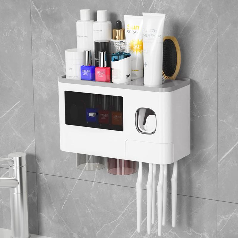 Wall Mounted Toothbrush Holder with Automatic Toothpaste Dispenser and Cosmetic Drawer - Shelves Shelves