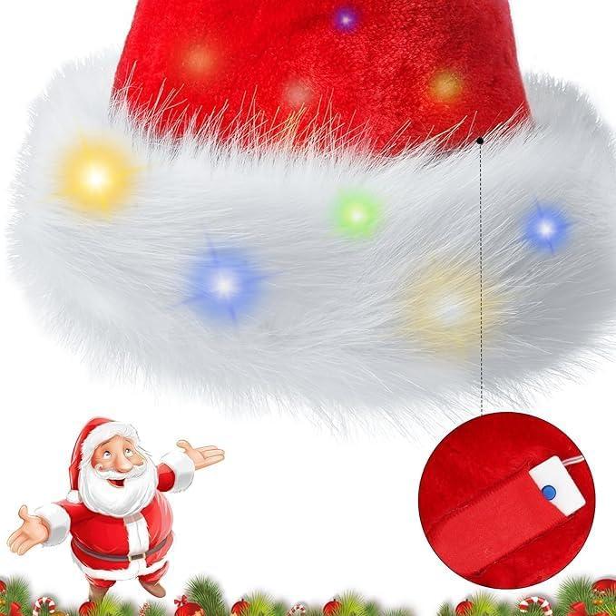 Christmas Hat for Adults, Santa Hat Holiday Color Light Up Unisex Velvet Comfort Extra Thicken Xmas Hat for New Year Festive Party Supplies