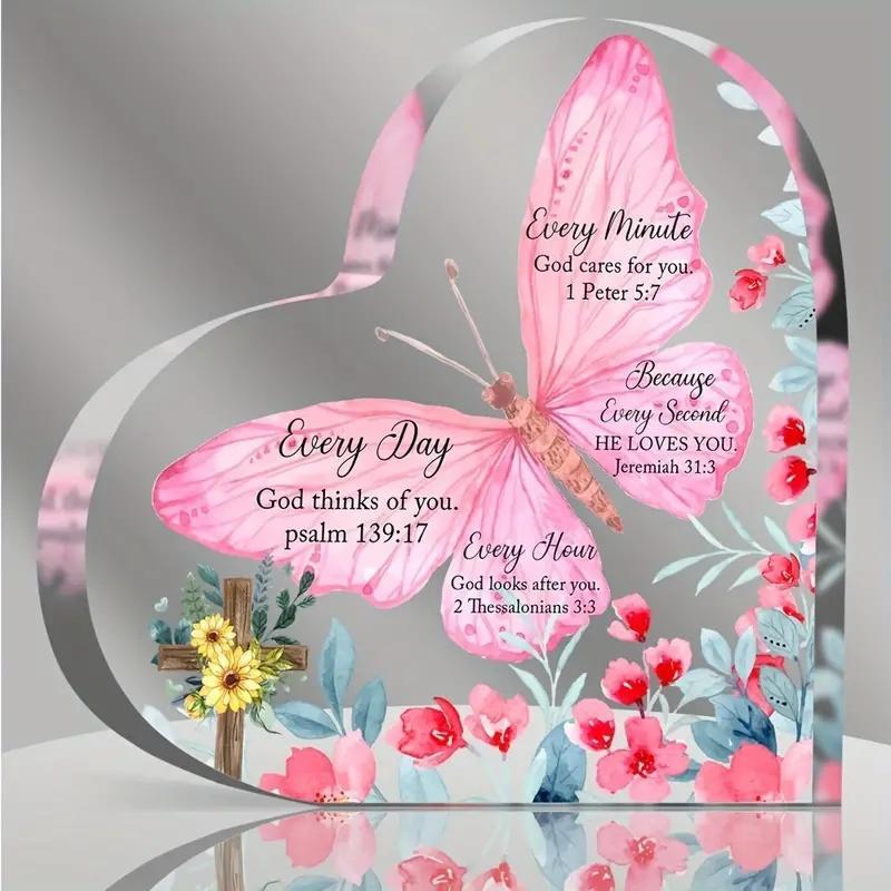 Butterfly & Flower Pattern Acrylic Ornament, 1 Count Heart Shaped Bible Verse Inspirational  Desktop Decoration, Religious Ornament for Home School Office Dormitory