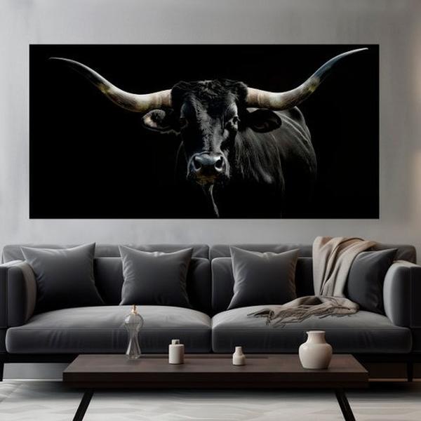 Texas Longhorn Poster, Black cow print, Farmhouse Decor, Texas Longhorn Painting, Western wall art, Modern Living Room