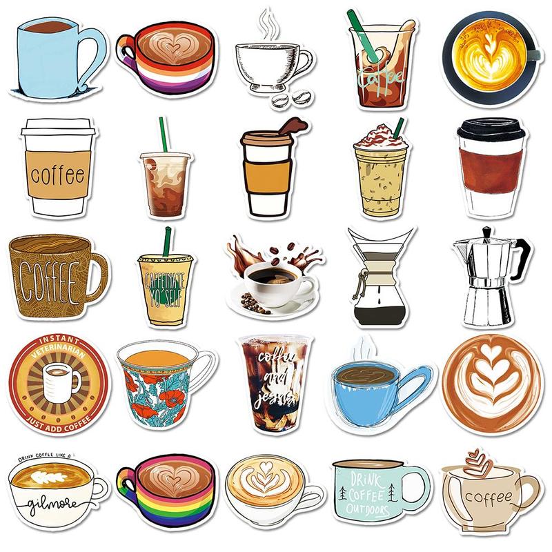 Coffee Drink Pattern Sticker, 50pcs set Waterproof Self Adhesive Decor Paper, Decor Sticker for Gift Greeting Card Water Bottle Laptop Phone