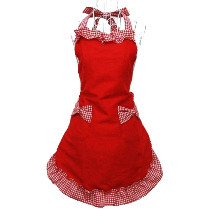 Cute Fashion Cotton Red Aprons for Women Girls Vintage Cooking Retro Apron with Pockets for Mother's Day Gift