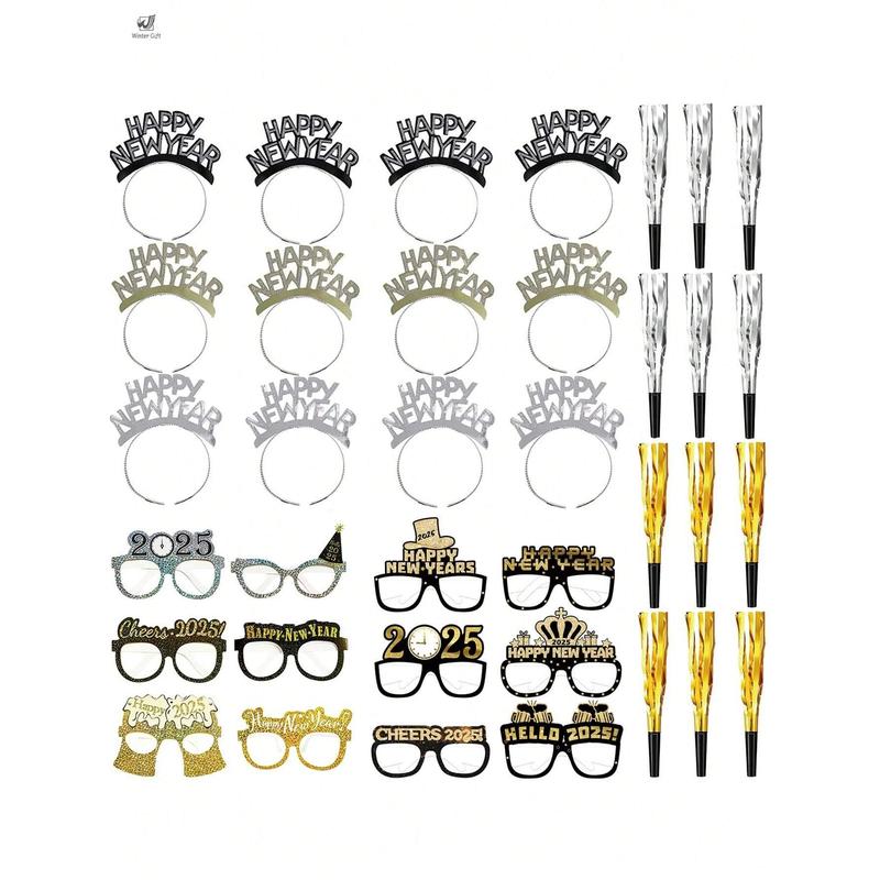 Winter Gift Shop  6pcs 36pcs New Years Eve Party Supplies 2025,Happy New Year Headband ,Glasses,Noise Makers Party Favors New Year Decorations,Photo Props,Party Supplies.