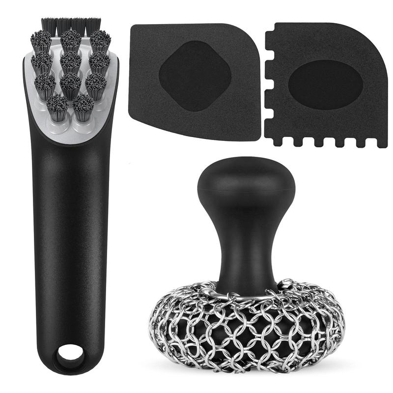 Cast Iron Scrubber with Cleaning Brush Set, Chainmail Scrubber for Cast Iron Pan Skillet Cleaner, Dish Scouring Pad, Dishwasher Safe Cleaning Kit