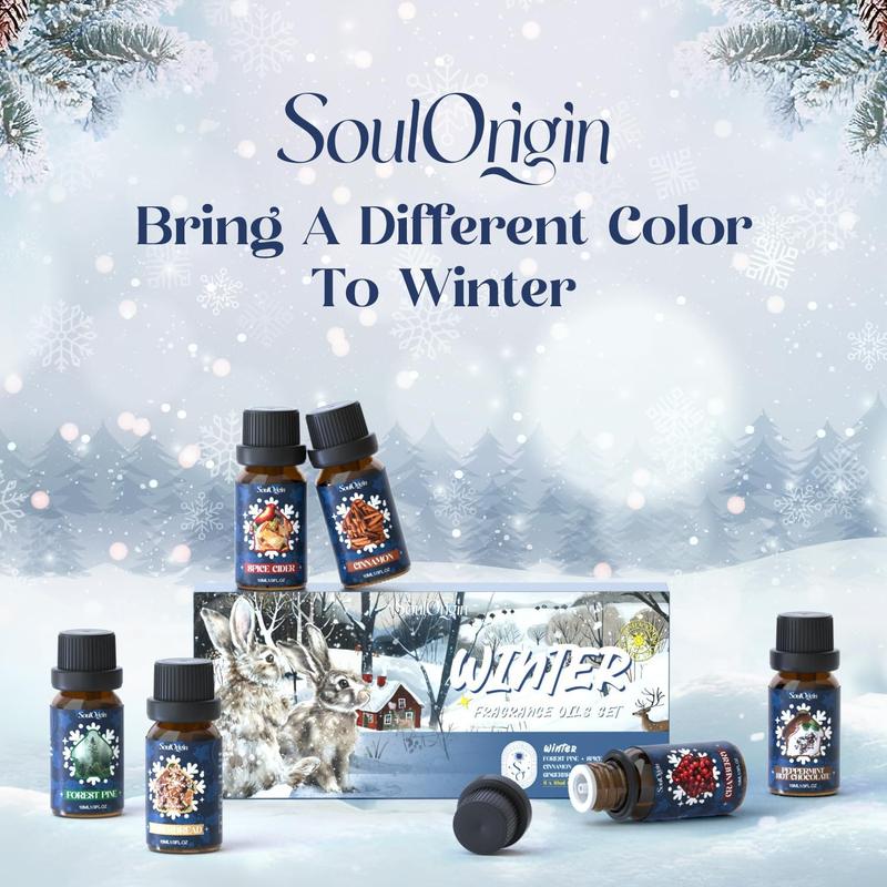 Winter Essential Oils Set, Fragrance Oil Gift Set for Oil Diffusers, Scented Oils for Soap 6x10ml - Forest Pine, Spiced  Cider, Cinnamon, Mint Hot Chocolate, Gingerbread, and Cranberry