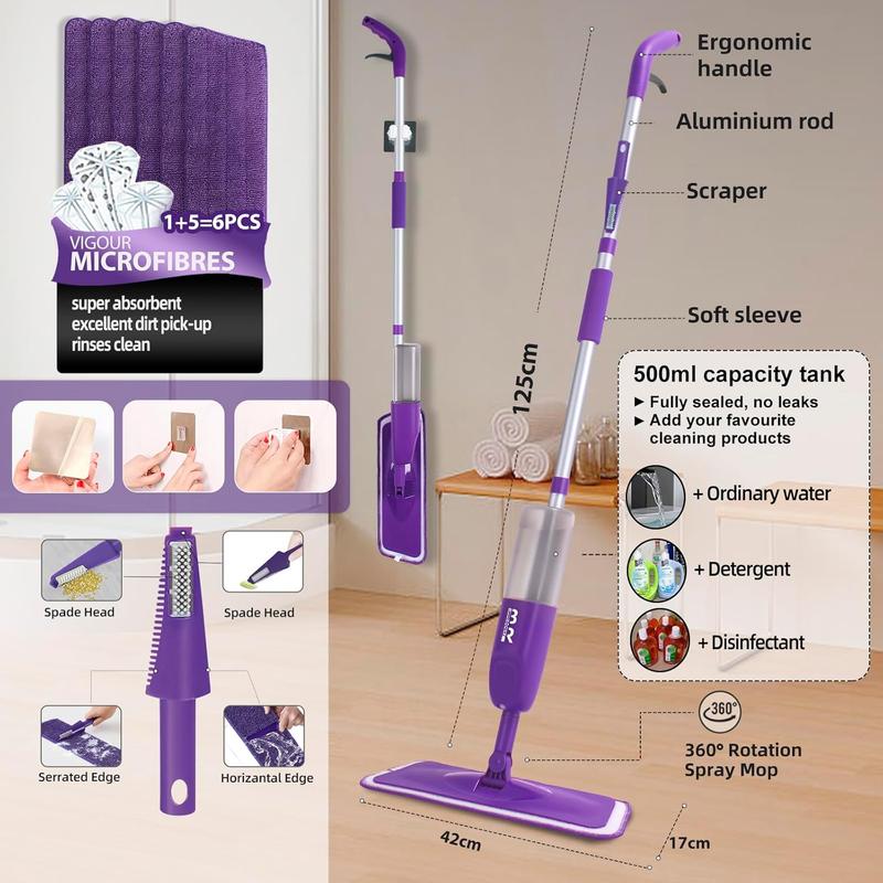 Microfiber Spray Mop for Floor Cleaning Dry Wet Dust Mop for Kitchen Wood Floor Hardwood Laminate Ceramic Tiles 360 Degree Mop Set with 6 Mop Heads Replacement 1 Scraper 1 Mop Holder 1 Bottle BUUROOHM