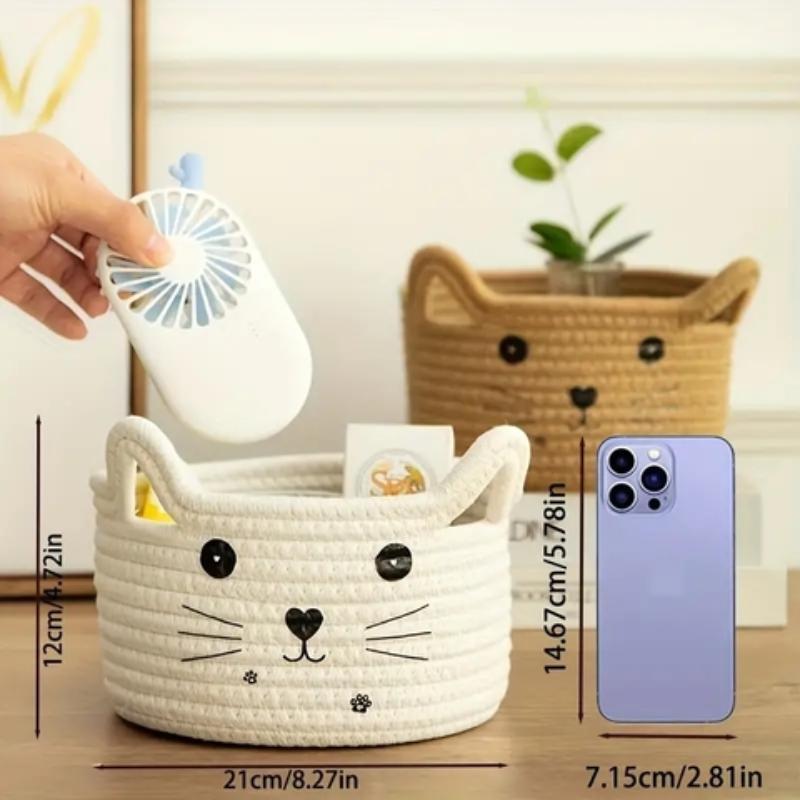 Cat Pattern Storage Basket, Cute Storage Basket with Handle, Desktop Storage Organizer for Home Office Dormitory Bedroom Living Room