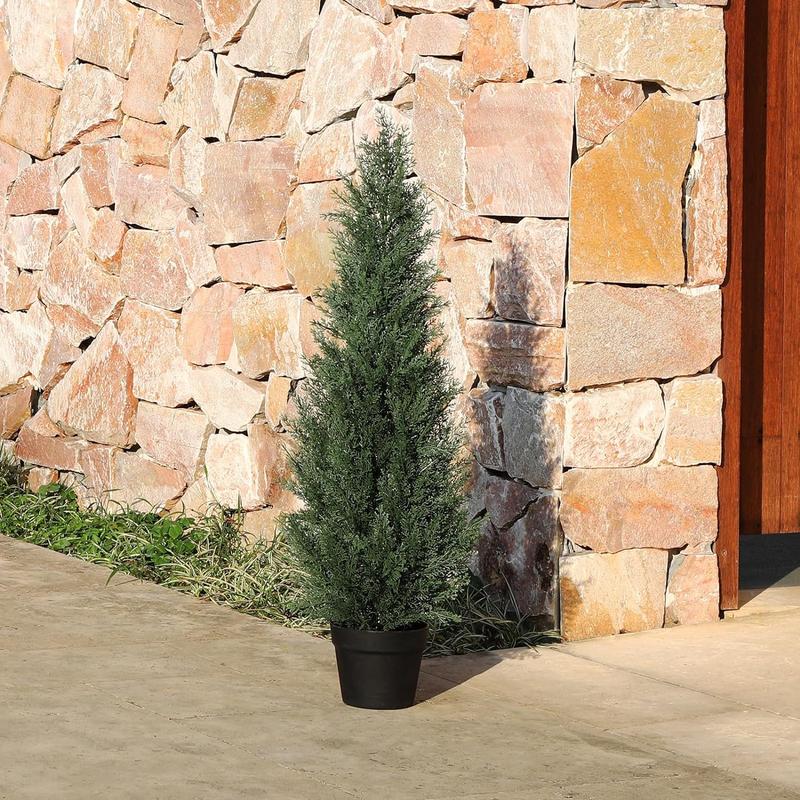 3-Foot Outdoor Artificial Cedar Pruning Tree Potted with Fake Cypress Artificial Evergreen Plant Home porch Decoration 2-piece Set Decorative Fruit Faux Gift Ornaments Plastic