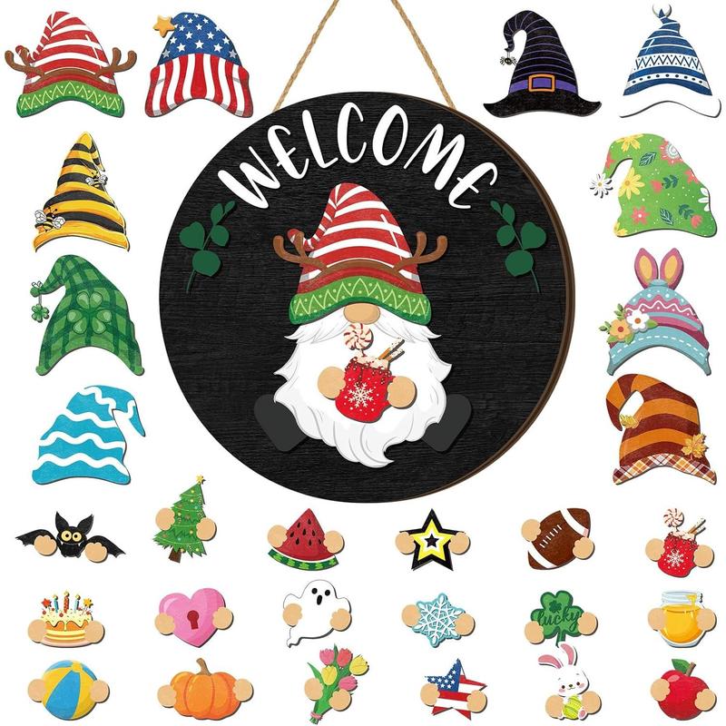 29 Pcs Christmas Interchangeable Wooden Gnome Decor Holiday Seasonal Gnome Decorations with Magnet Pieces and Detachable Hat Gnome Changeable Welcome Sign for Home(Black)