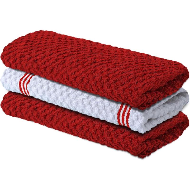 Premium Kitchen Towels – Pack of 3,Cotton 15 X 25 Inches Absorbent Dish Towels - Terry Kitchen Dishcloth Towels - Red Dish Cloth for Household Cleaning