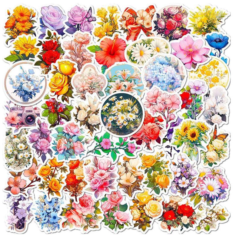 Colorful Flower Series Sticker, 50pcs set Waterproof Decorative Sticker, DIY Creative Sticker for Phone Case, Laptop, Notebook, Helmet, Skateboard