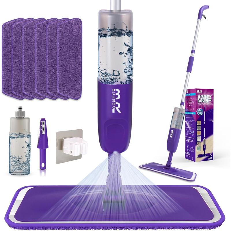 Microfiber Spray Mop for Floor Cleaning Dry Wet Dust Mop for Kitchen Wood Floor Hardwood Laminate Ceramic Tiles 360 Degree Mop Set with 6 Mop Heads Replacement 1 Scraper 1 Mop Holder 1 Bottle BUUROOHM