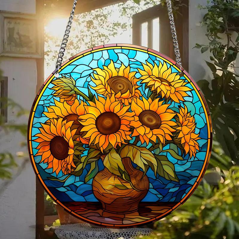 Sunflower Pattern Hanging Decoration, Round Acrylic Pendant, Hanging Decor for Home Living Room Bedroom