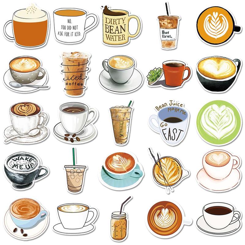 Coffee Drink Pattern Sticker, 50pcs set Waterproof Self Adhesive Decor Paper, Decor Sticker for Gift Greeting Card Water Bottle Laptop Phone