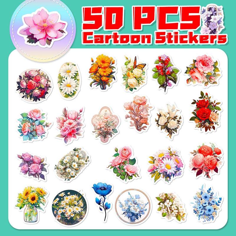 Colorful Flower Series Sticker, 50pcs set Waterproof Decorative Sticker, DIY Creative Sticker for Phone Case, Laptop, Notebook, Helmet, Skateboard