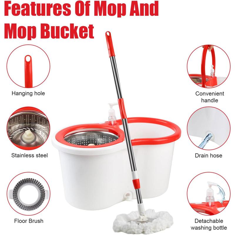 Spin Mop and Bucket with Wringer Set, Spin Mop Bucket System with 6 Microfiber Mop Replacement Heads and Floor Brush for Floor Cleaning