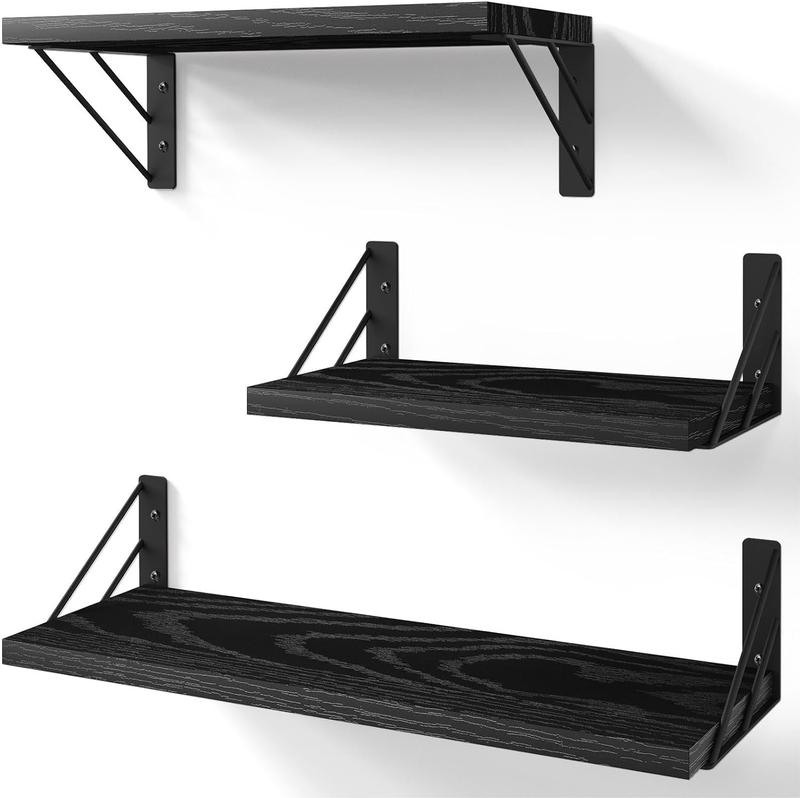 Small Wall Shelf for Bathroom,Kitchen,Living Room(Black，Set of 3) Decor Pack Wood Shelves