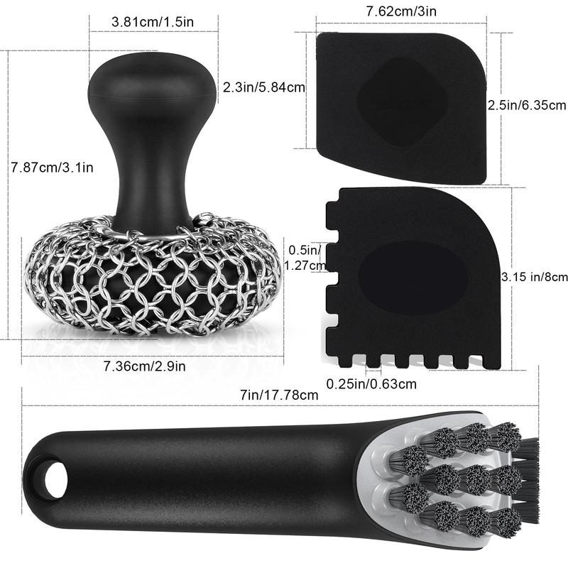 Cast Iron Scrubber with Cleaning Brush Set, Chainmail Scrubber for Cast Iron Pan Skillet Cleaner, Dish Scouring Pad, Dishwasher Safe Cleaning Kit