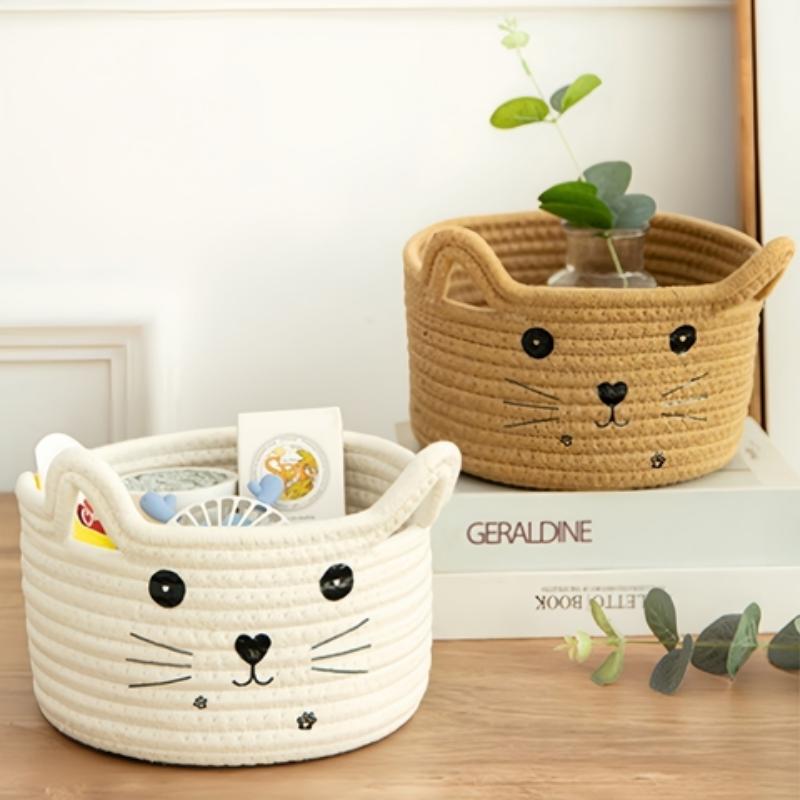 Cat Pattern Storage Basket, Cute Storage Basket with Handle, Desktop Storage Organizer for Home Office Dormitory Bedroom Living Room