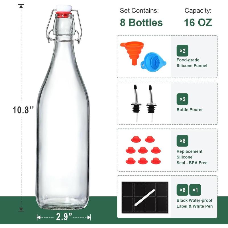 8 Set, 16 OZ Swing Top Glass Bottles - Flip Top Beer Brewing Bottles with Stopper for 2nd Fermentation, Kombucha, Mead Kefir, Vanilla Extract, Juice, Tea, Wine - Airtight Cap Lids, Bonus 2 Pourers