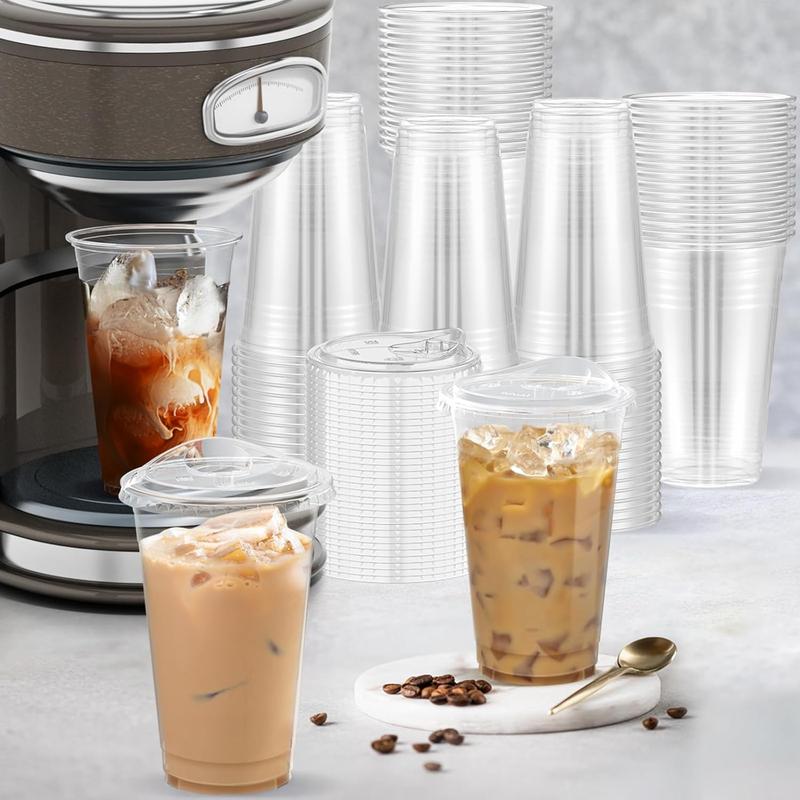 100 Pack - 20 oz Clear Disposable Plastic Cups with Lids, Sturdy & Food Safe, Sip Lids, To-Go Cups, for Iced Coffee, Party, Juice, Milk Tea, Smoothie, Cold Beverages, and Drinks.