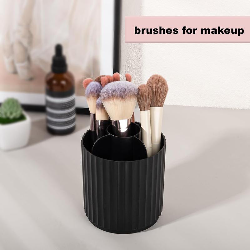 Makeup Brush Holder Organizer 360Rotating Make Up Brushes Container for Vanity, Spinning Cosmetics Storage Cup Pen Holder, Stripe Black