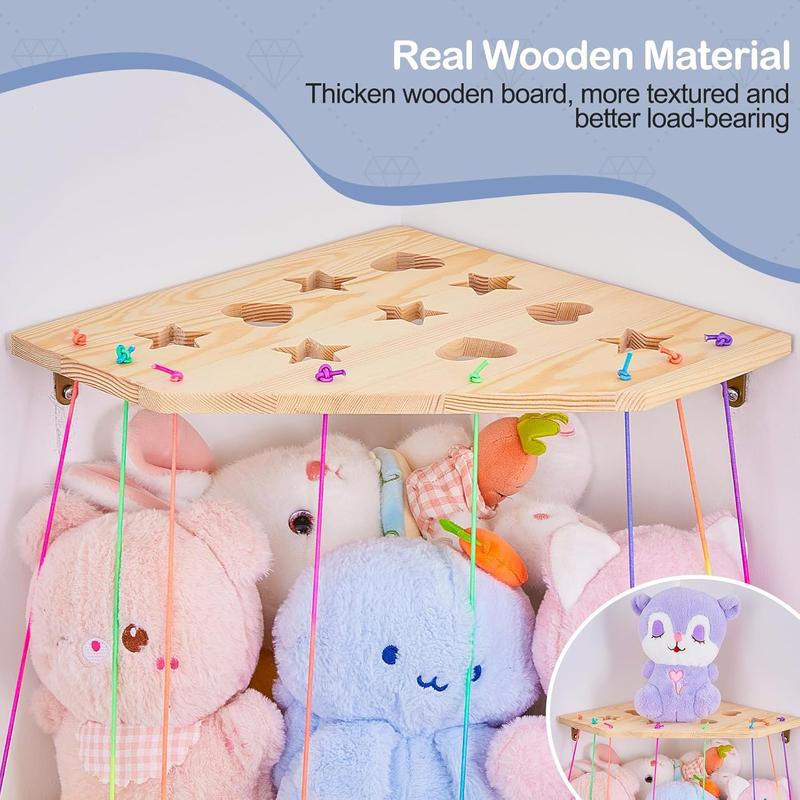 Stuffed  Storage Organizer with LED Light Corner Hanging Stuffed  Zoo Cage with Adjustable Height   Plushie Toys Storage for  Playroom Bedroom Wall Decor Rainbow