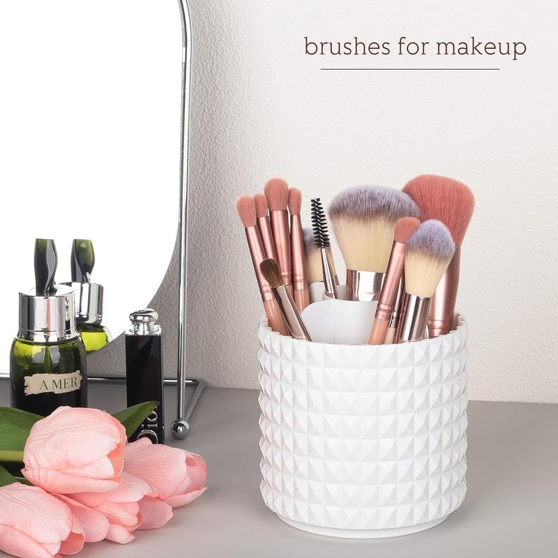 Makeup Brush Holder Organizer 360Rotating Make Up Brushes Container for Vanity, Spinning Cosmetics Storage Cup Pen Holder, Stripe Black