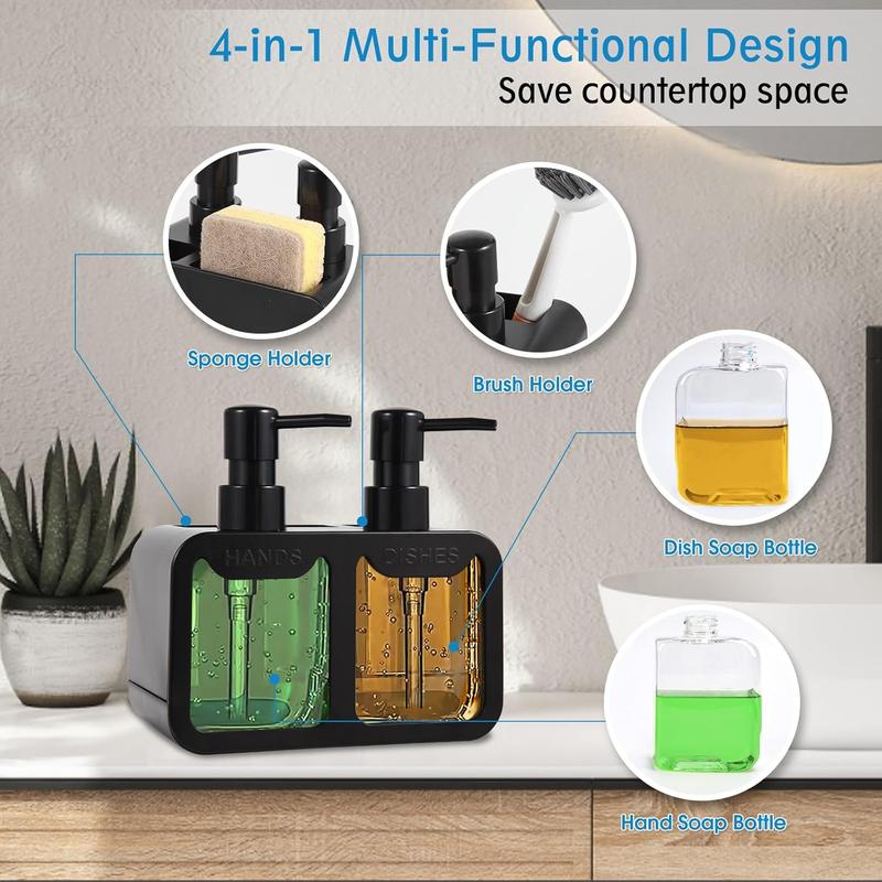 Kitchen Soap Dispenser Set, with Hand and Dish Soap, Sponge Caddy and Brush Holder 4-in-1 Kitchen Dual Soap Dispenser Set for Kitchen Sink, Bathroom - White