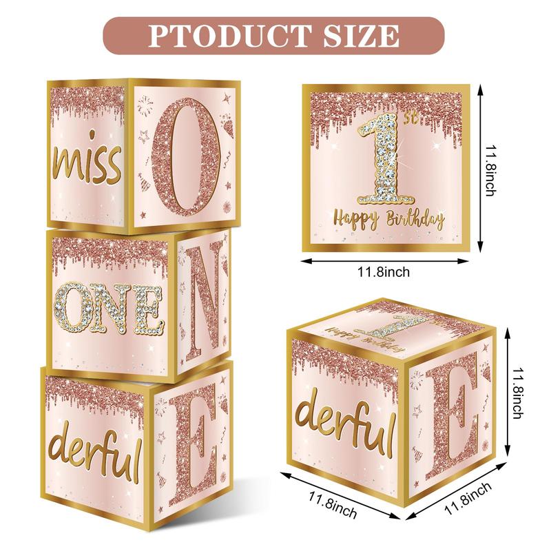 3Pcs 1st Birthday Boxes for Baby Girl, Pink & Rose Gold 'Miss Onederful' for 1st Birthday Decoration