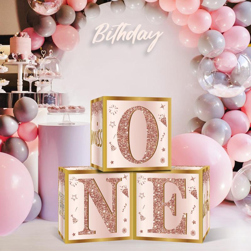 3Pcs 1st Birthday Boxes for Baby Girl, Pink & Rose Gold 'Miss Onederful' for 1st Birthday Decoration