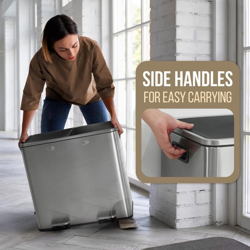 Dual Trash Can with Double Lid, Trash and Recycle Bins Combo, Hands-Free Stainless-Steel Garbage Can for Kitchen, with 2 Compartment, Hinged Lid, Odor Filters, Handles, 30L+30L, 2 x 8 Gallon