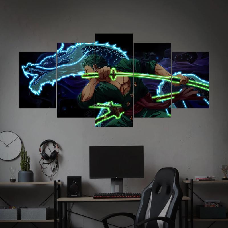 Set of 5 Neon collage wall paintings (Imitation LED) with Onepiece theme, decal material, double-sided tape included, anime decor