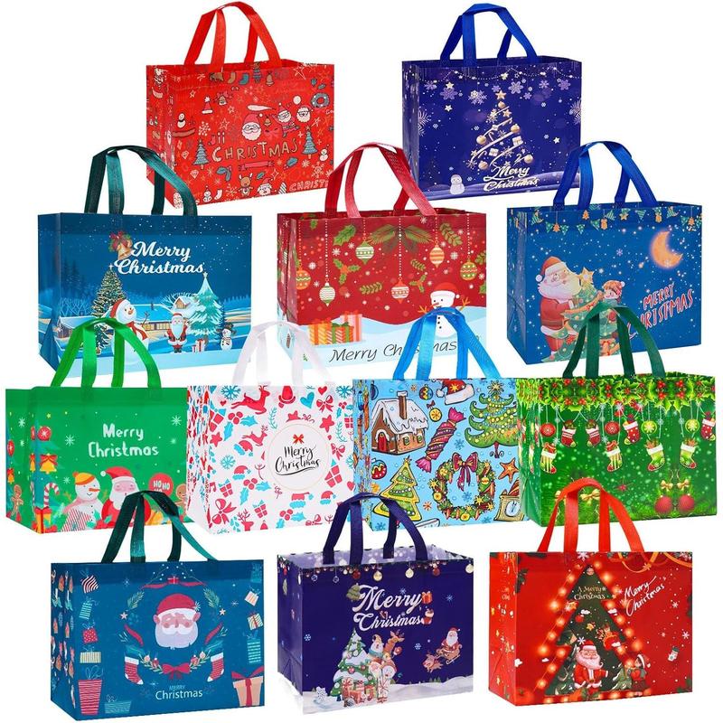 12 Pack Christmas Gift Bags Large Reusable Christmas Tote Bags, Non-Woven Christmas Bags for New Year's Shopping, Christmas Surprise, Xmas Party Supplies,12.8